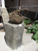 Lopsided basket resting on pillar at foot of our steps