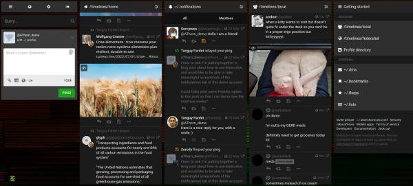 Mastodon with pinned local timeline Screenshot of Mastodon with the local timeline pinned to the third column